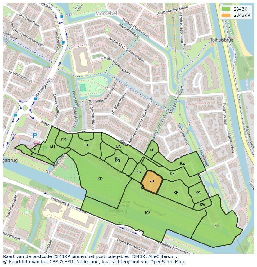 Afbeelding van het postcodegebied 2343 KP op de kaart.