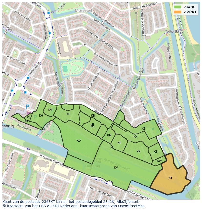 Afbeelding van het postcodegebied 2343 KT op de kaart.