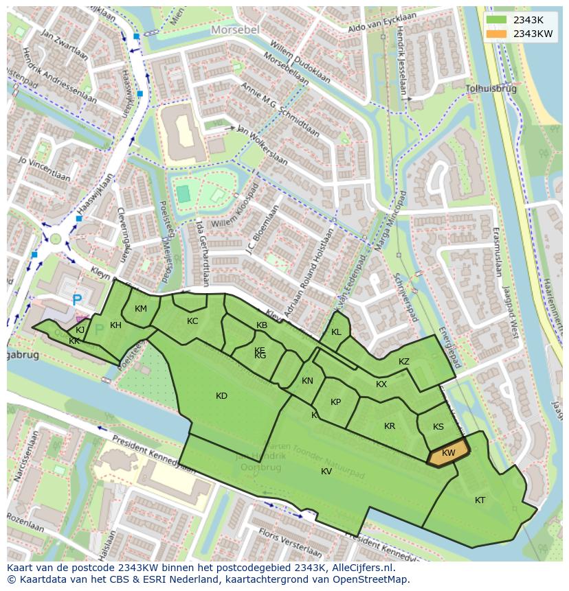 Afbeelding van het postcodegebied 2343 KW op de kaart.