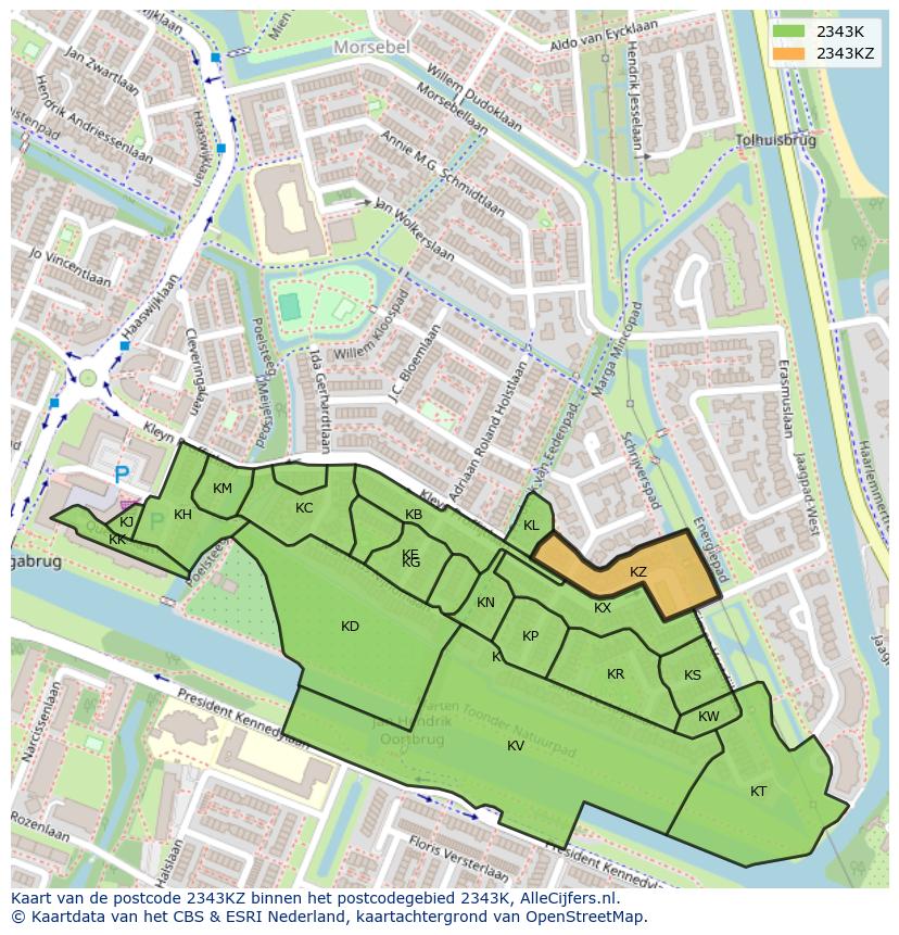 Afbeelding van het postcodegebied 2343 KZ op de kaart.