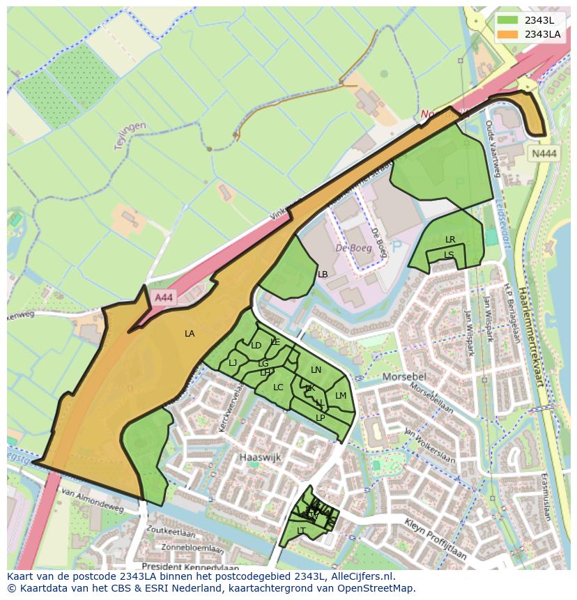 Afbeelding van het postcodegebied 2343 LA op de kaart.