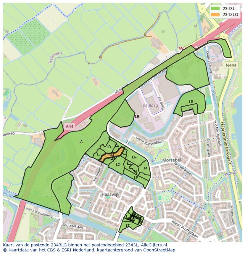 Afbeelding van het postcodegebied 2343 LG op de kaart.