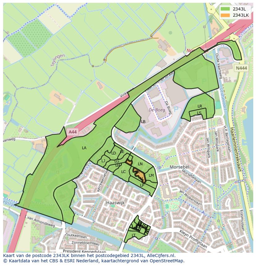 Afbeelding van het postcodegebied 2343 LK op de kaart.