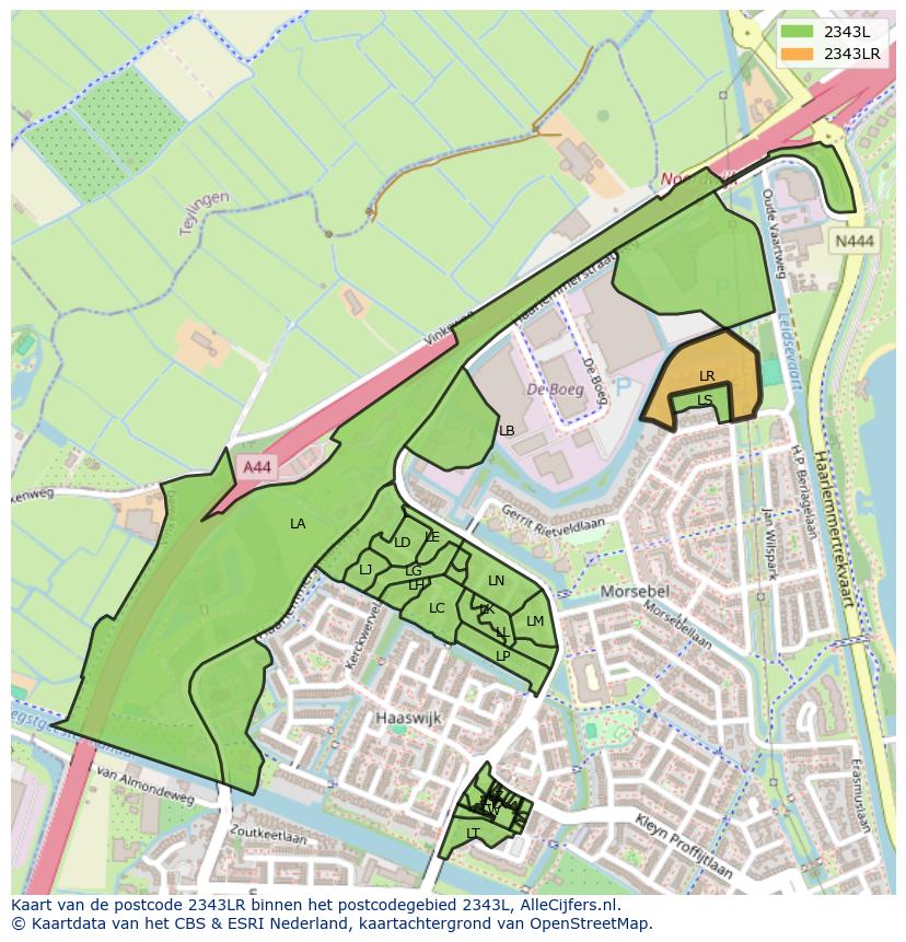 Afbeelding van het postcodegebied 2343 LR op de kaart.