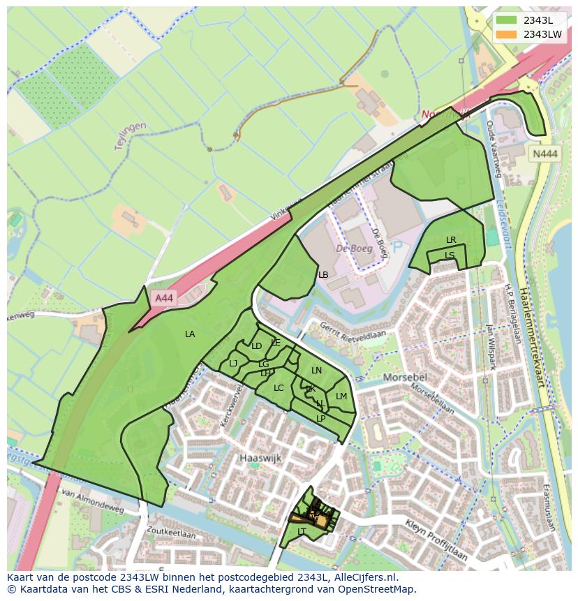 Afbeelding van het postcodegebied 2343 LW op de kaart.