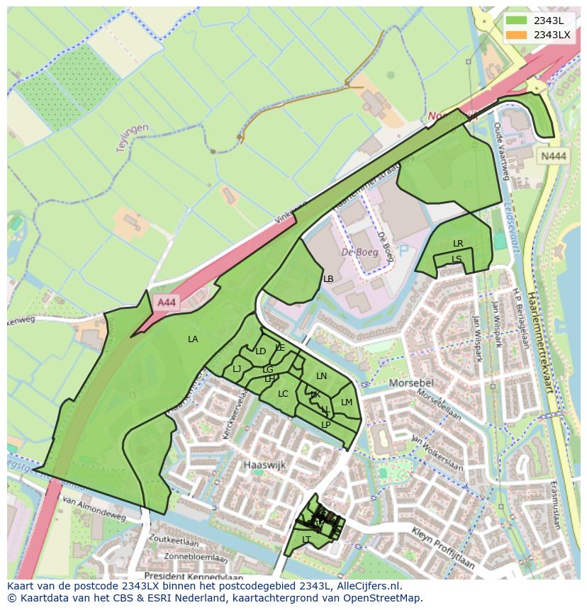 Afbeelding van het postcodegebied 2343 LX op de kaart.