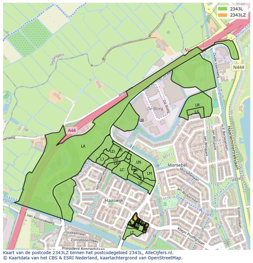 Afbeelding van het postcodegebied 2343 LZ op de kaart.