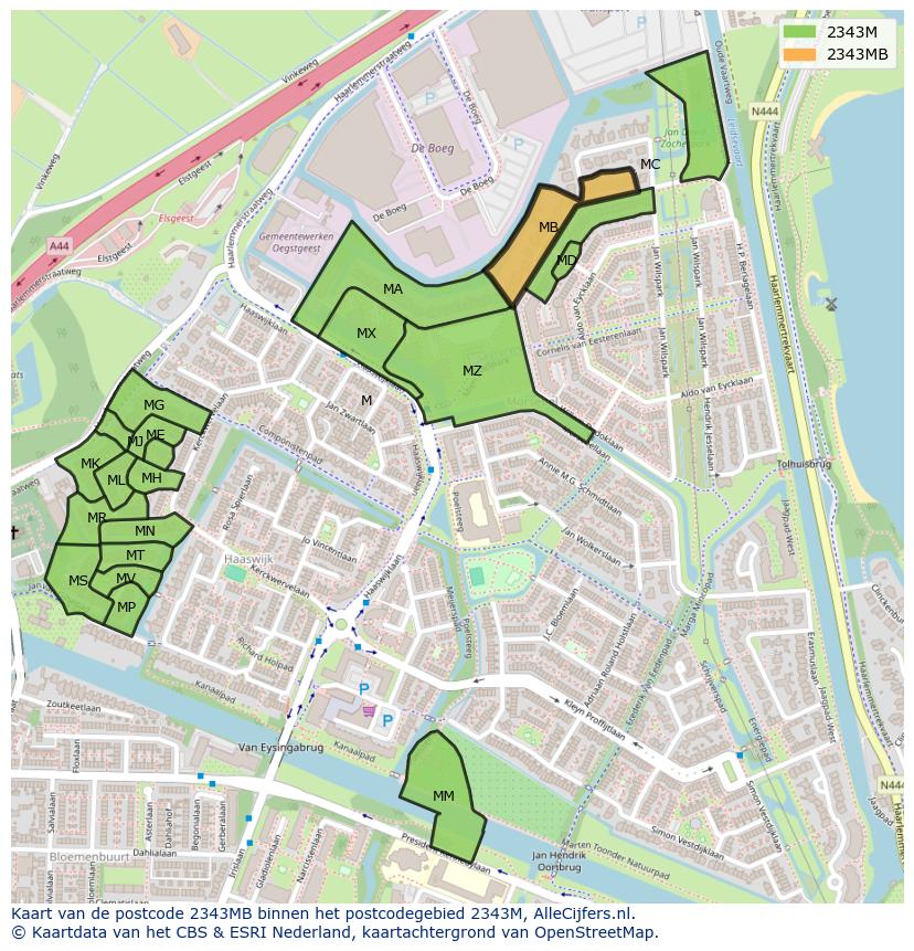 Afbeelding van het postcodegebied 2343 MB op de kaart.