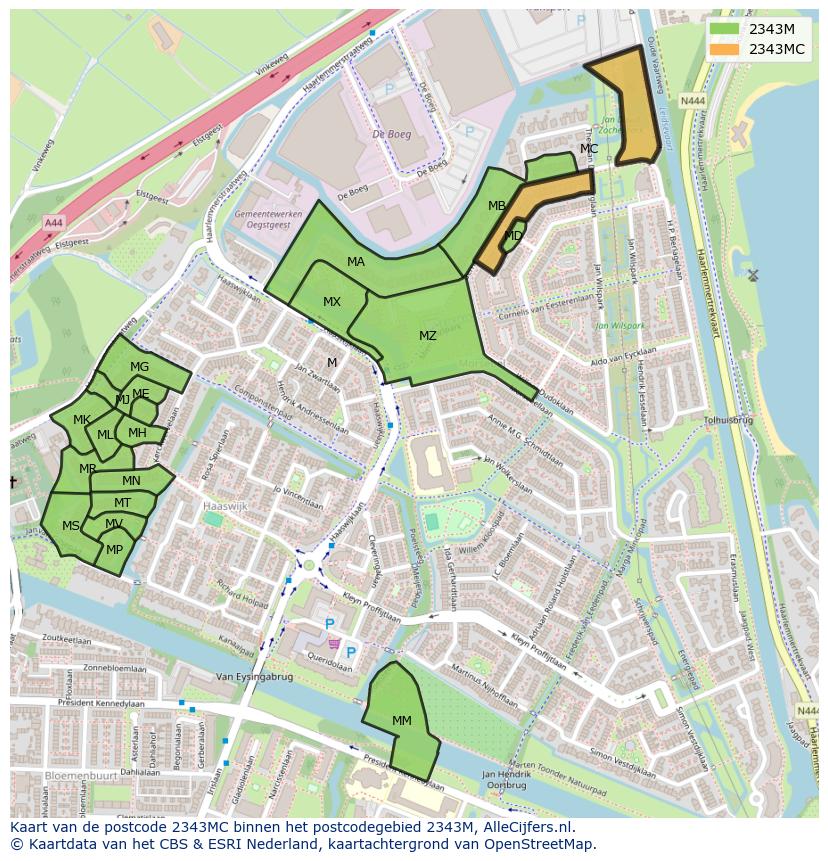 Afbeelding van het postcodegebied 2343 MC op de kaart.