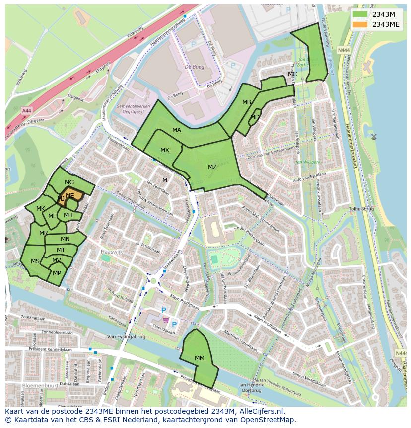 Afbeelding van het postcodegebied 2343 ME op de kaart.