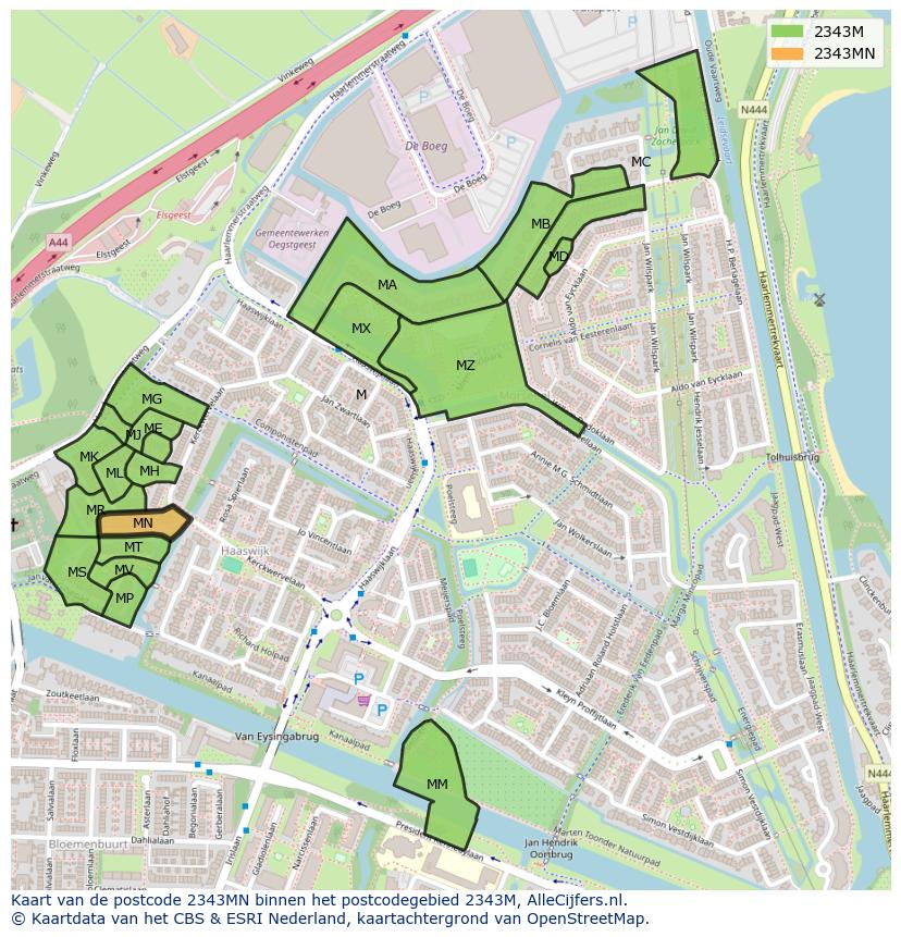 Afbeelding van het postcodegebied 2343 MN op de kaart.