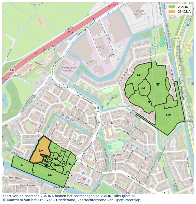 Afbeelding van het postcodegebied 2343 NA op de kaart.