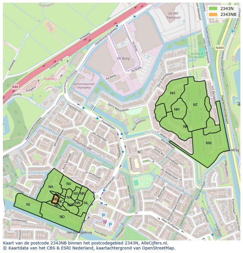 Afbeelding van het postcodegebied 2343 NB op de kaart.