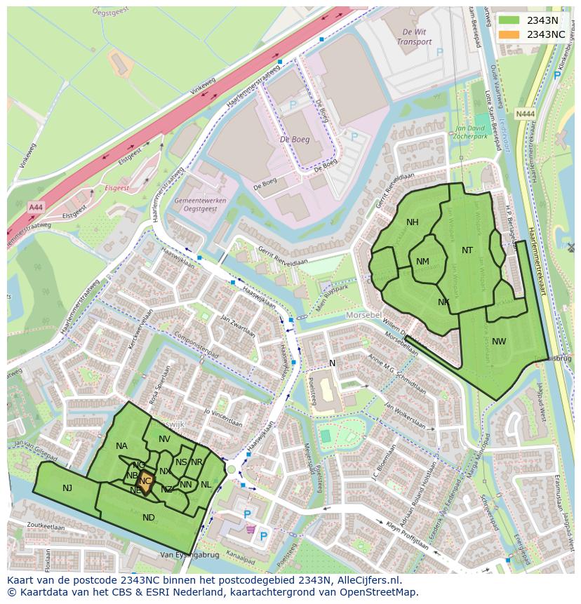 Afbeelding van het postcodegebied 2343 NC op de kaart.