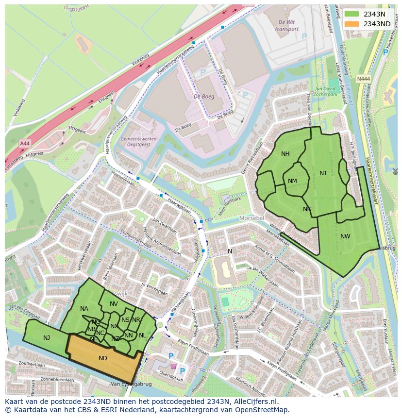 Afbeelding van het postcodegebied 2343 ND op de kaart.