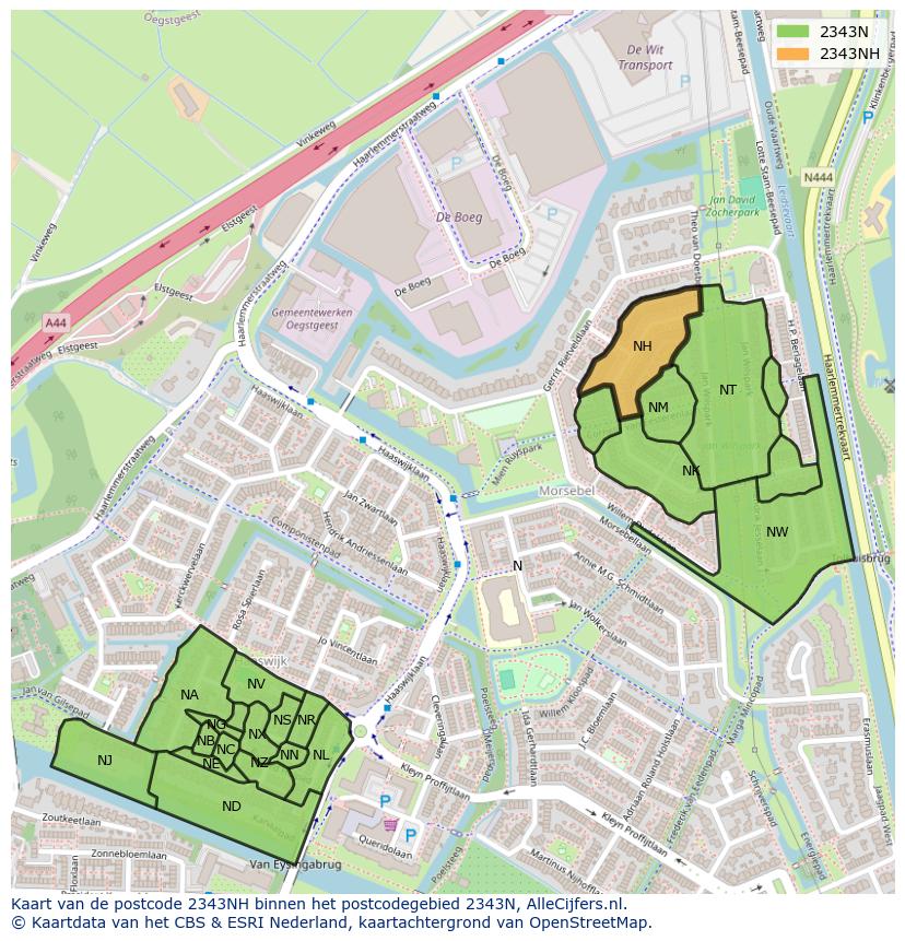 Afbeelding van het postcodegebied 2343 NH op de kaart.