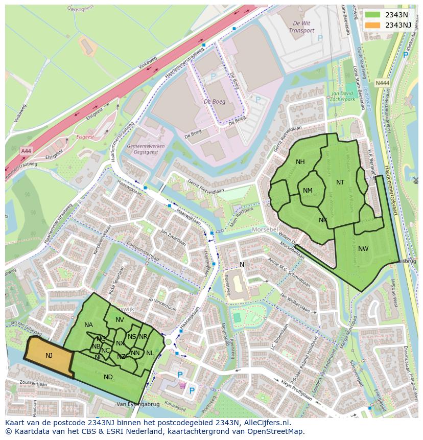 Afbeelding van het postcodegebied 2343 NJ op de kaart.