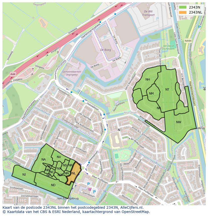Afbeelding van het postcodegebied 2343 NL op de kaart.