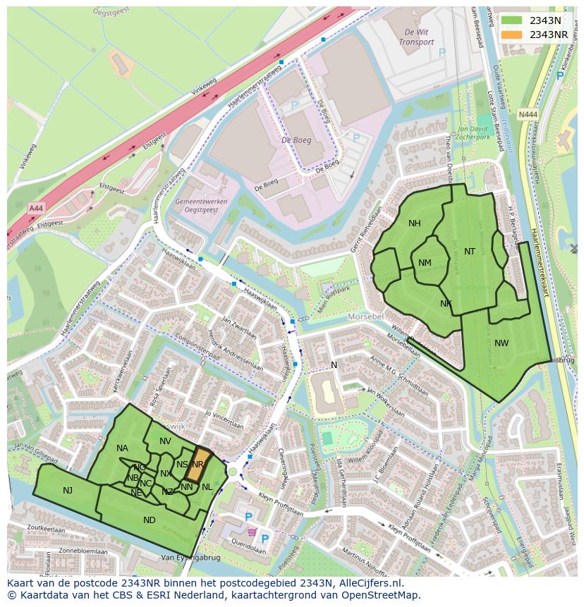 Afbeelding van het postcodegebied 2343 NR op de kaart.