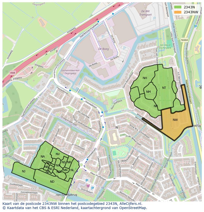 Afbeelding van het postcodegebied 2343 NW op de kaart.