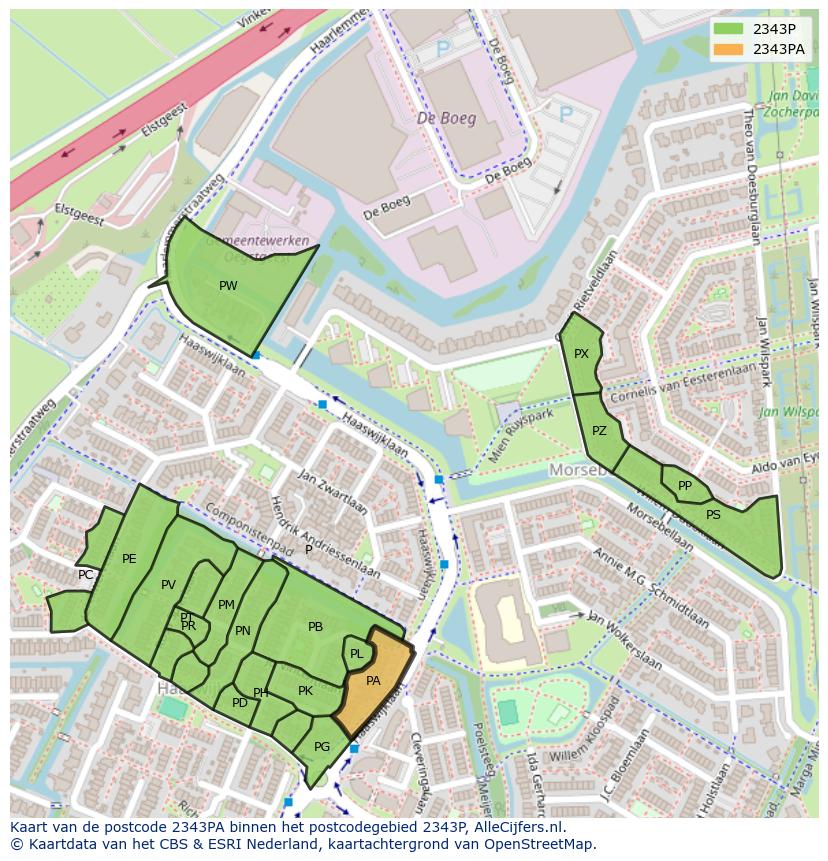 Afbeelding van het postcodegebied 2343 PA op de kaart.