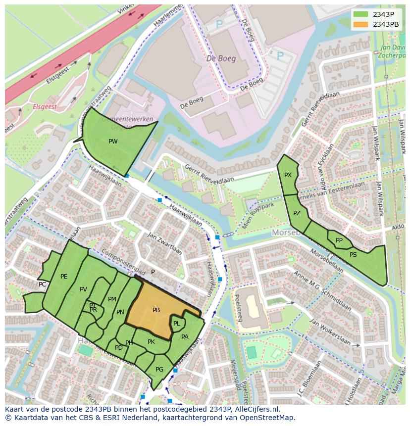 Afbeelding van het postcodegebied 2343 PB op de kaart.