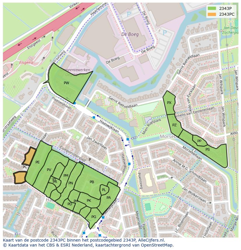 Afbeelding van het postcodegebied 2343 PC op de kaart.