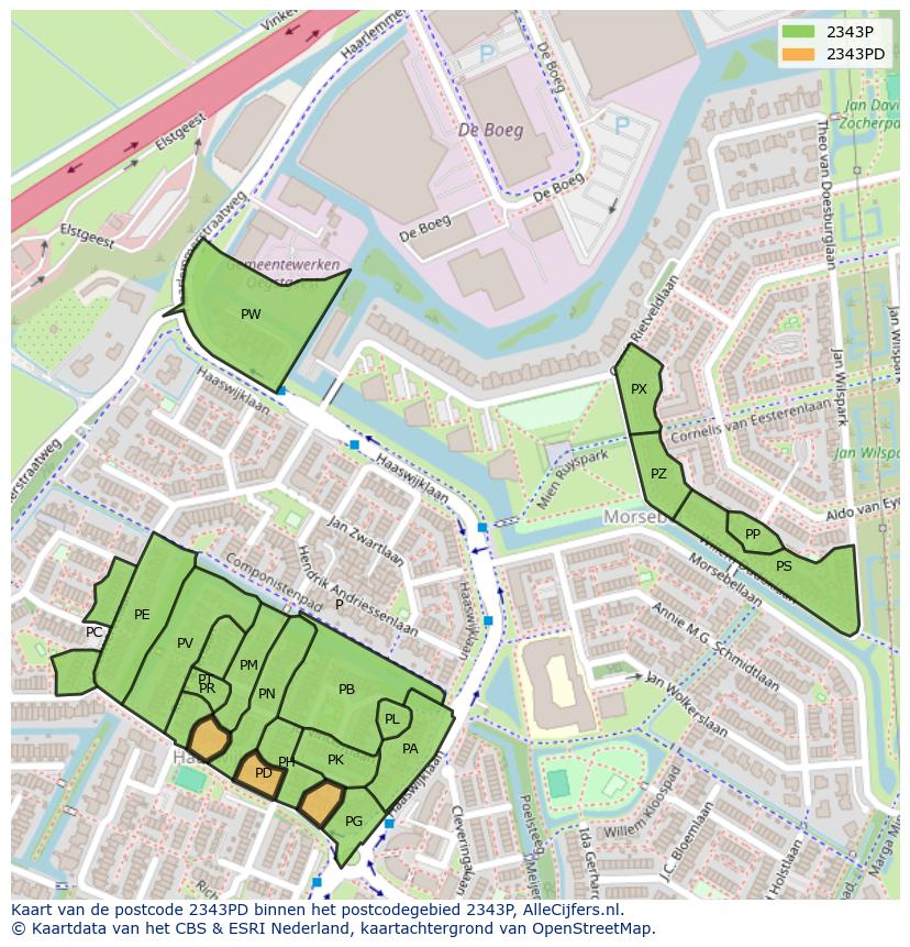 Afbeelding van het postcodegebied 2343 PD op de kaart.