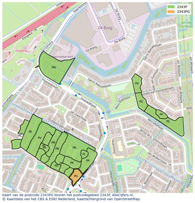 Afbeelding van het postcodegebied 2343 PG op de kaart.