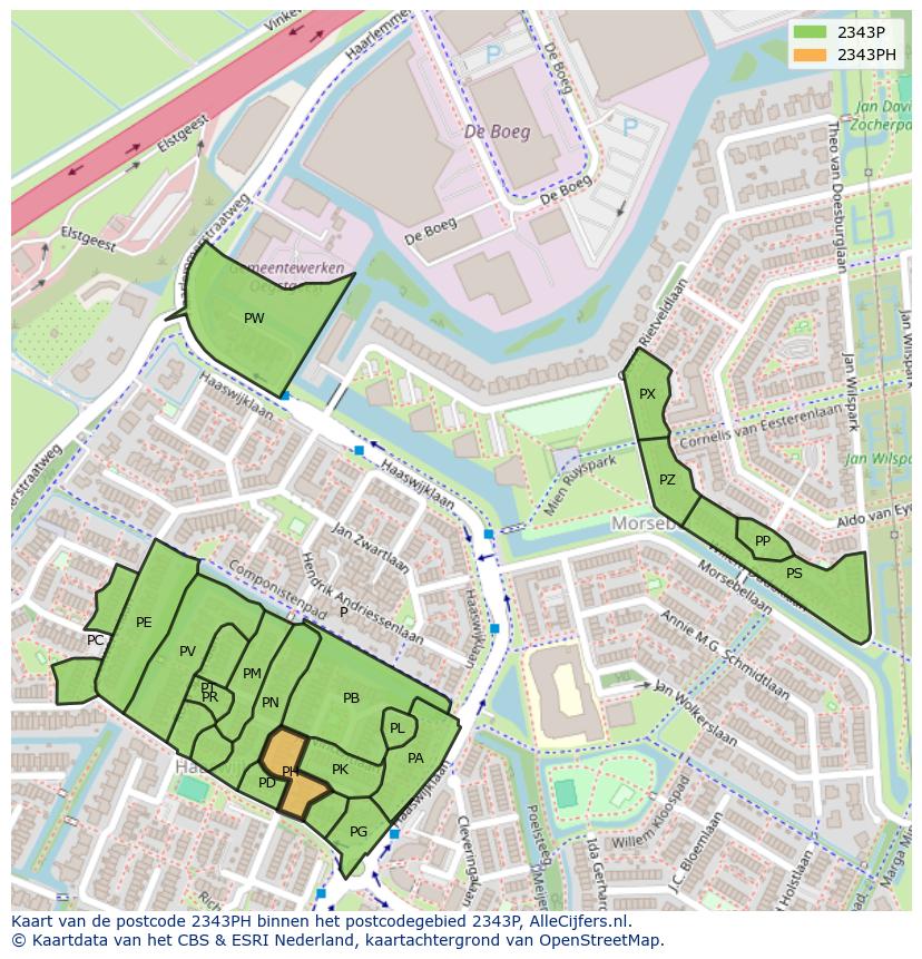 Afbeelding van het postcodegebied 2343 PH op de kaart.
