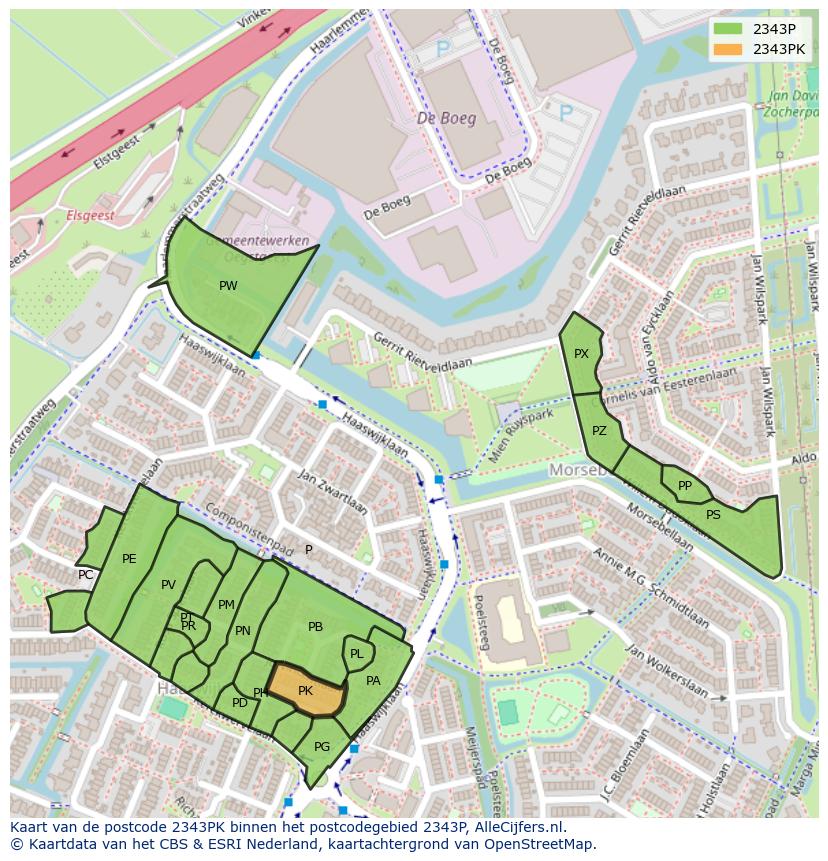 Afbeelding van het postcodegebied 2343 PK op de kaart.