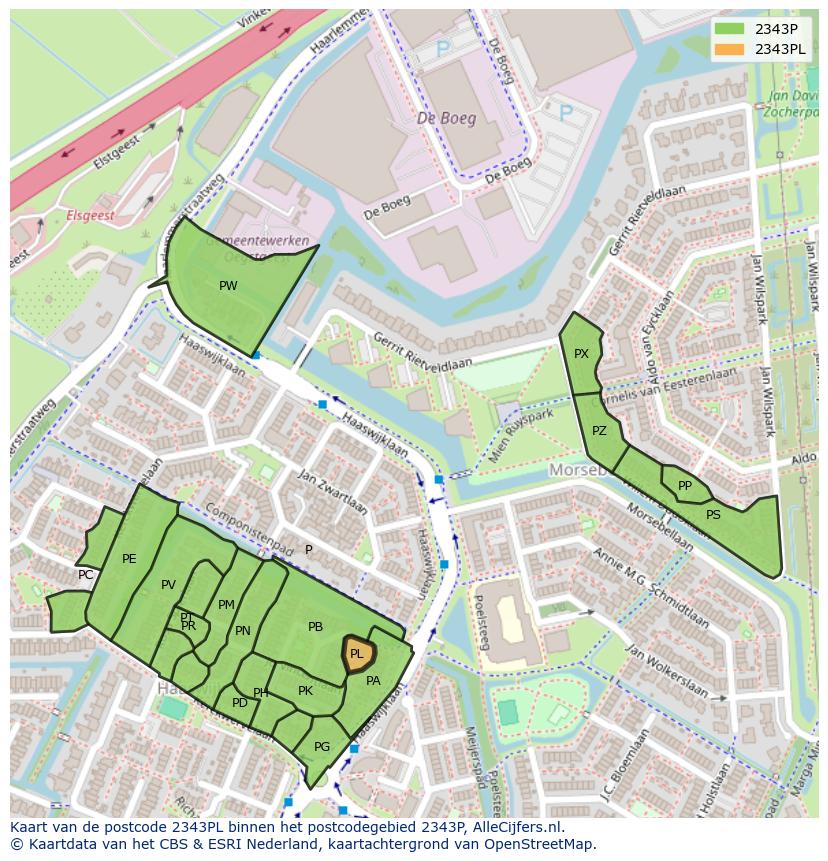 Afbeelding van het postcodegebied 2343 PL op de kaart.