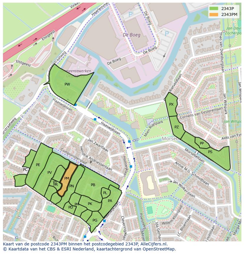 Afbeelding van het postcodegebied 2343 PM op de kaart.