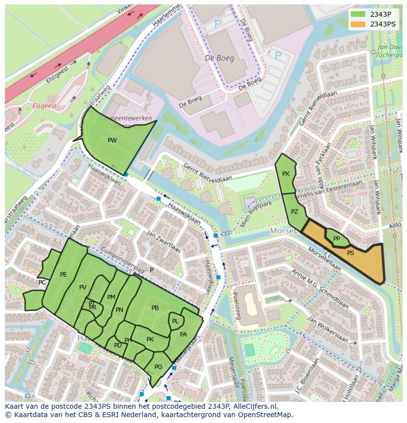 Afbeelding van het postcodegebied 2343 PS op de kaart.