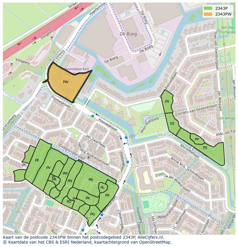 Afbeelding van het postcodegebied 2343 PW op de kaart.