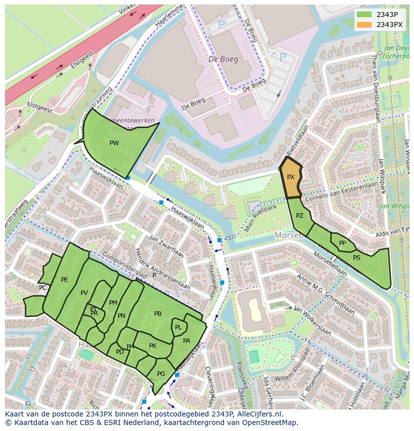 Afbeelding van het postcodegebied 2343 PX op de kaart.