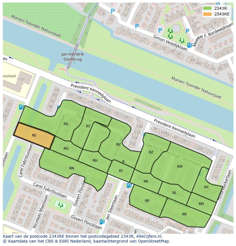 Afbeelding van het postcodegebied 2343 RE op de kaart.