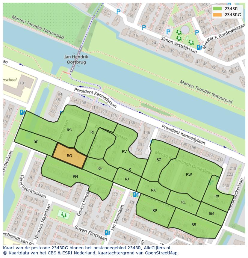 Afbeelding van het postcodegebied 2343 RG op de kaart.