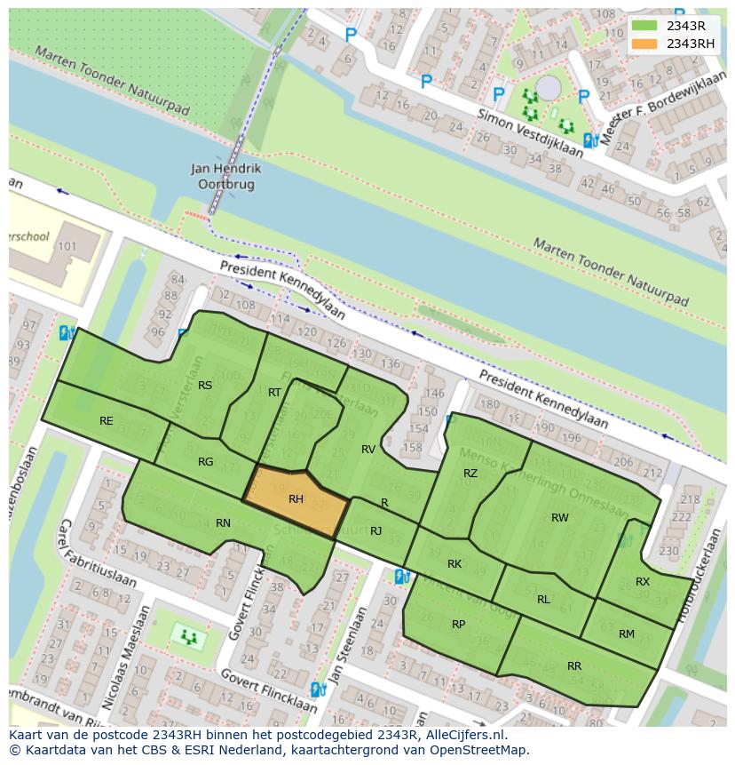 Afbeelding van het postcodegebied 2343 RH op de kaart.