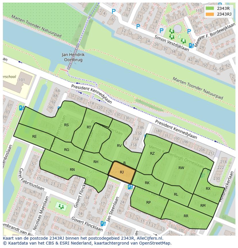 Afbeelding van het postcodegebied 2343 RJ op de kaart.