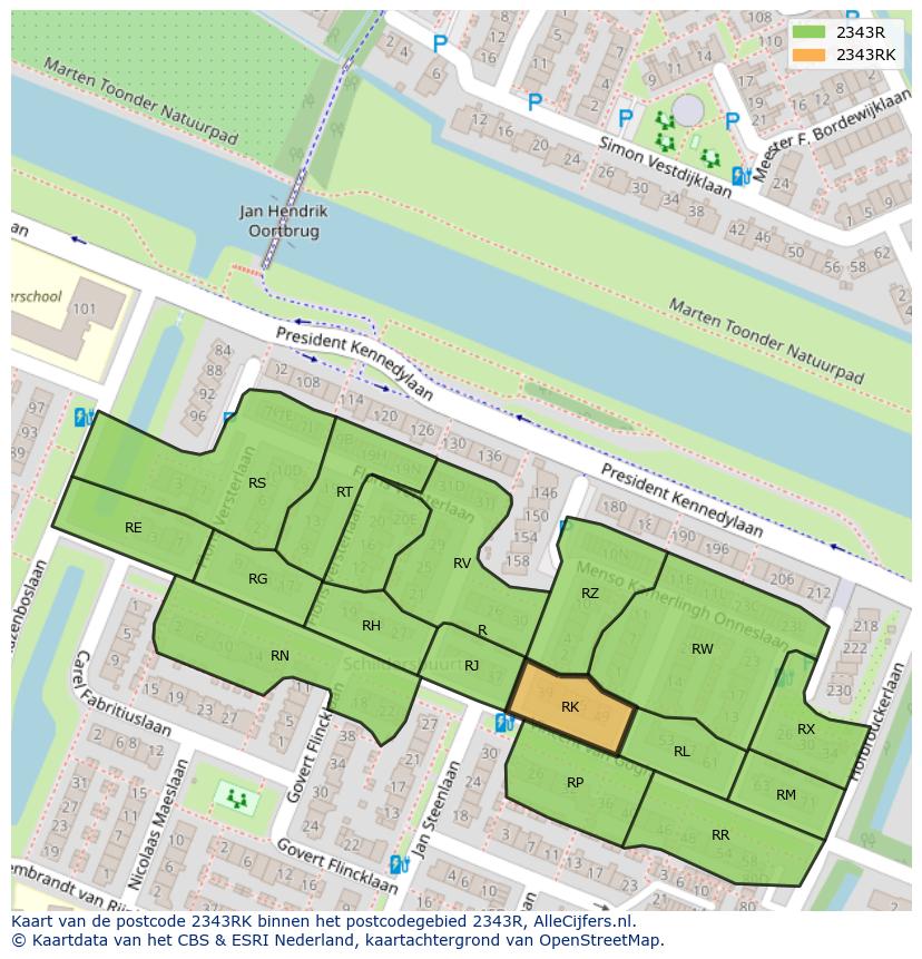 Afbeelding van het postcodegebied 2343 RK op de kaart.