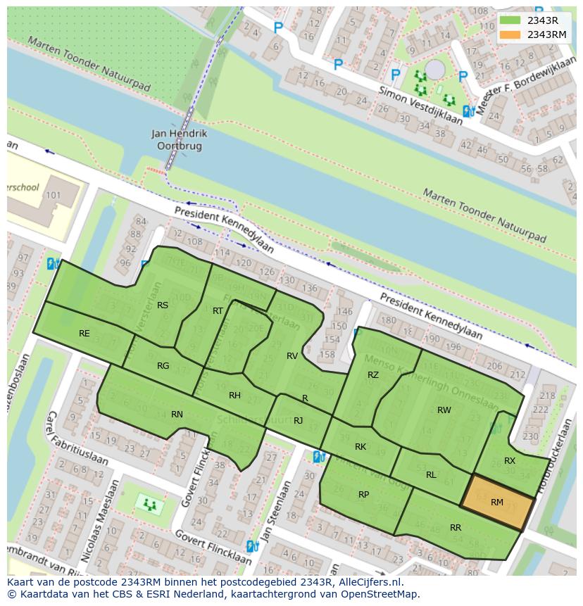 Afbeelding van het postcodegebied 2343 RM op de kaart.