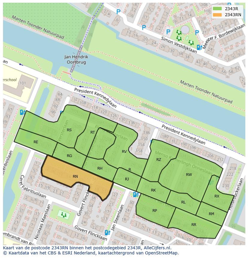 Afbeelding van het postcodegebied 2343 RN op de kaart.