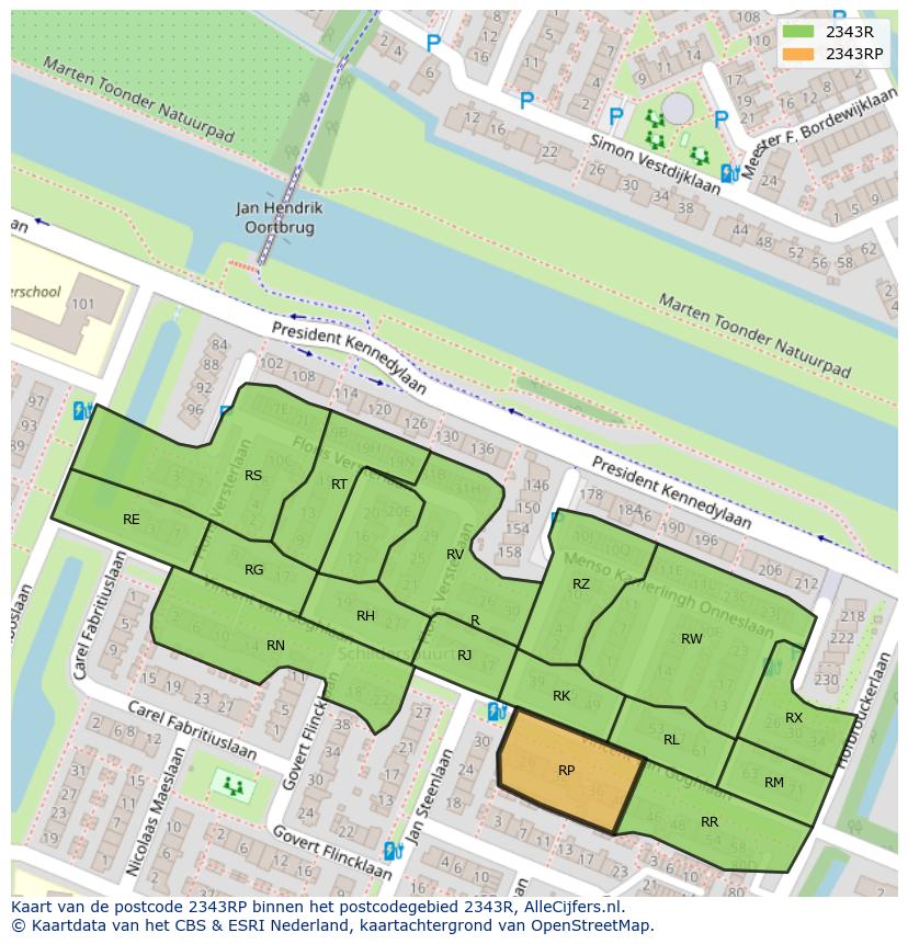 Afbeelding van het postcodegebied 2343 RP op de kaart.