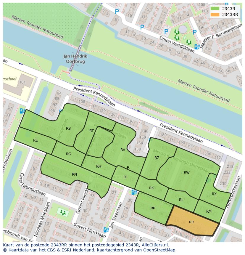 Afbeelding van het postcodegebied 2343 RR op de kaart.