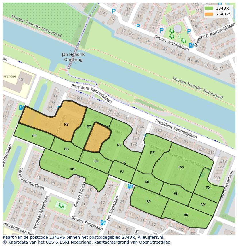 Afbeelding van het postcodegebied 2343 RS op de kaart.