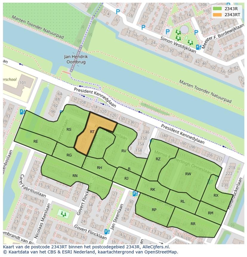 Afbeelding van het postcodegebied 2343 RT op de kaart.
