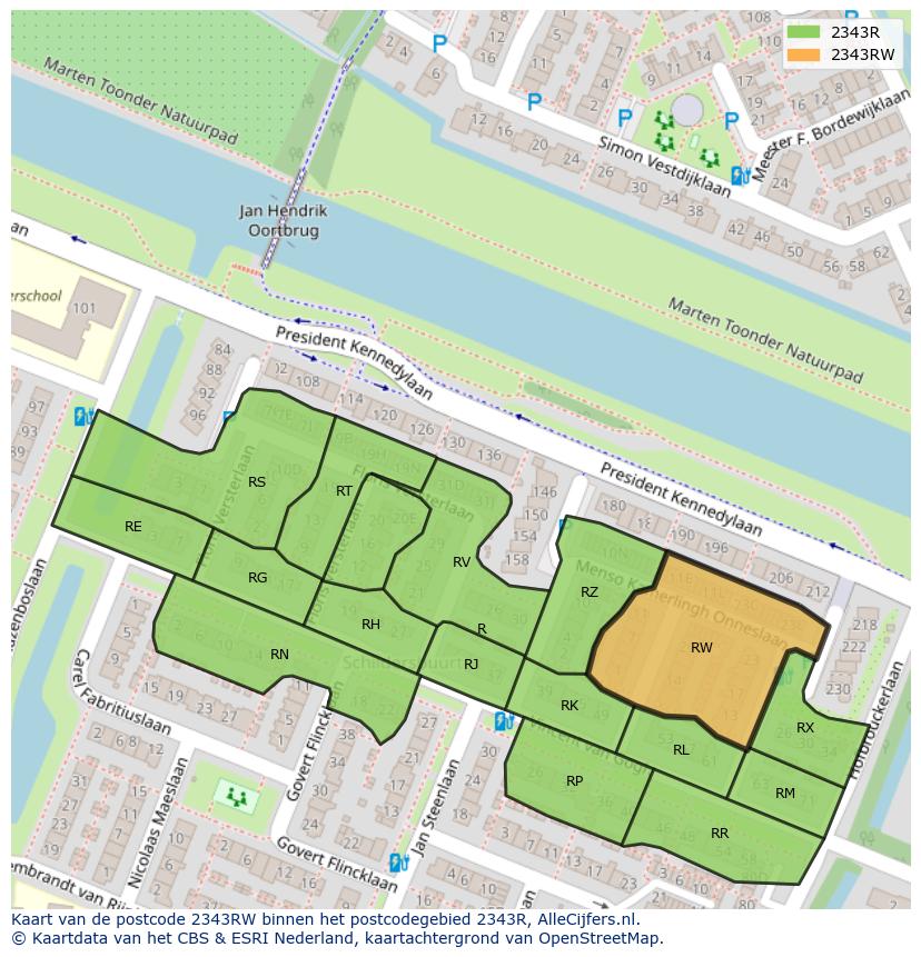 Afbeelding van het postcodegebied 2343 RW op de kaart.