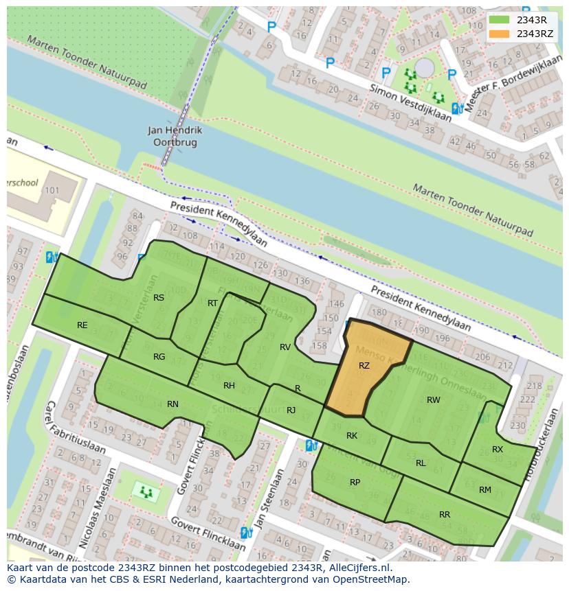Afbeelding van het postcodegebied 2343 RZ op de kaart.