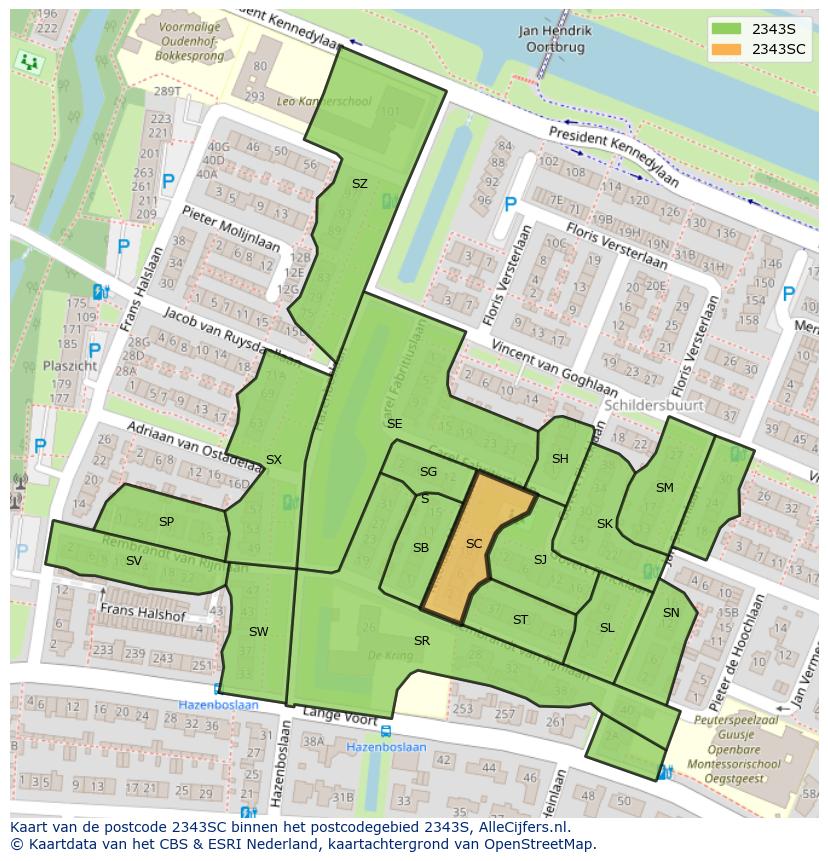 Afbeelding van het postcodegebied 2343 SC op de kaart.